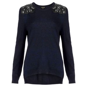 Topshop Navy Leather Embellished Shoulder Sweater XS